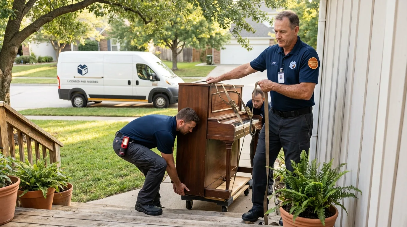 Licensed piano movers securing grand piano in Montauk, NY