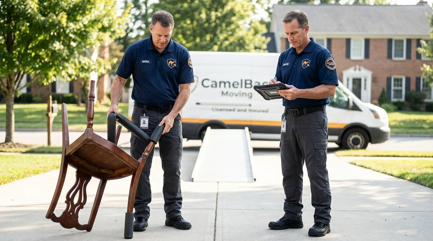 Movers inspecting furniture for damage prevention before loading in Montauk, NY