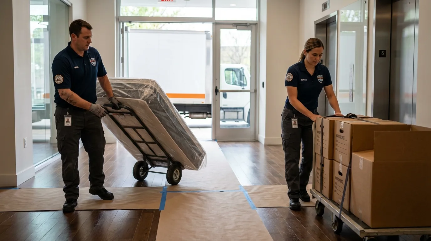 Professional apartment movers loading elevator in Montauk, NY