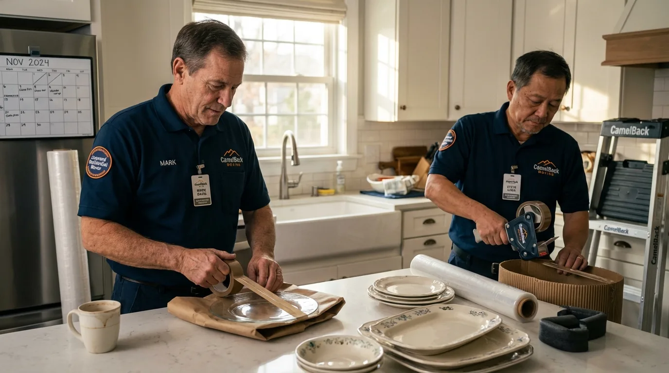 Professional crew packing kitchen dishware in Montauk, NY